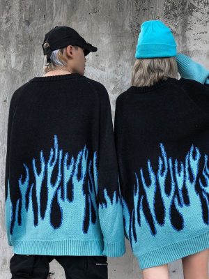 Casual Long Sleeve Blue Flame Oversized Pullover Sweater Loose Boyfriend