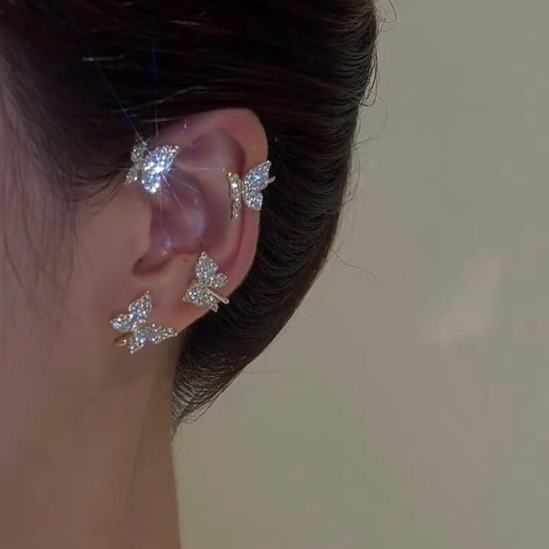 Silver Plated Metal Leaf Butterfly Clip Earrings for Women Ear Clips Without Piercing Sparkling Zircon Ear Cuff Fashion Jewelry - Image 3