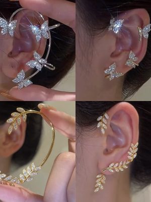 Silver Plated Metal Leaf Butterfly Clip Earrings for Women Ear Clips Without Piercing Sparkling Zircon Ear Cuff Fashion Jewelry