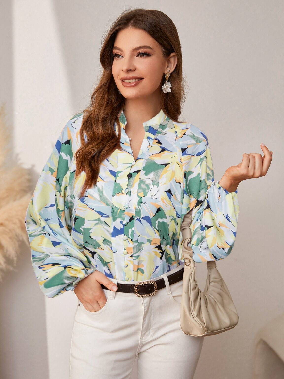 Shopshive Holiday Buttons Lantern Sleeves Printed Shirt 2023 Summer Fashion Outfits Trends - Image 6