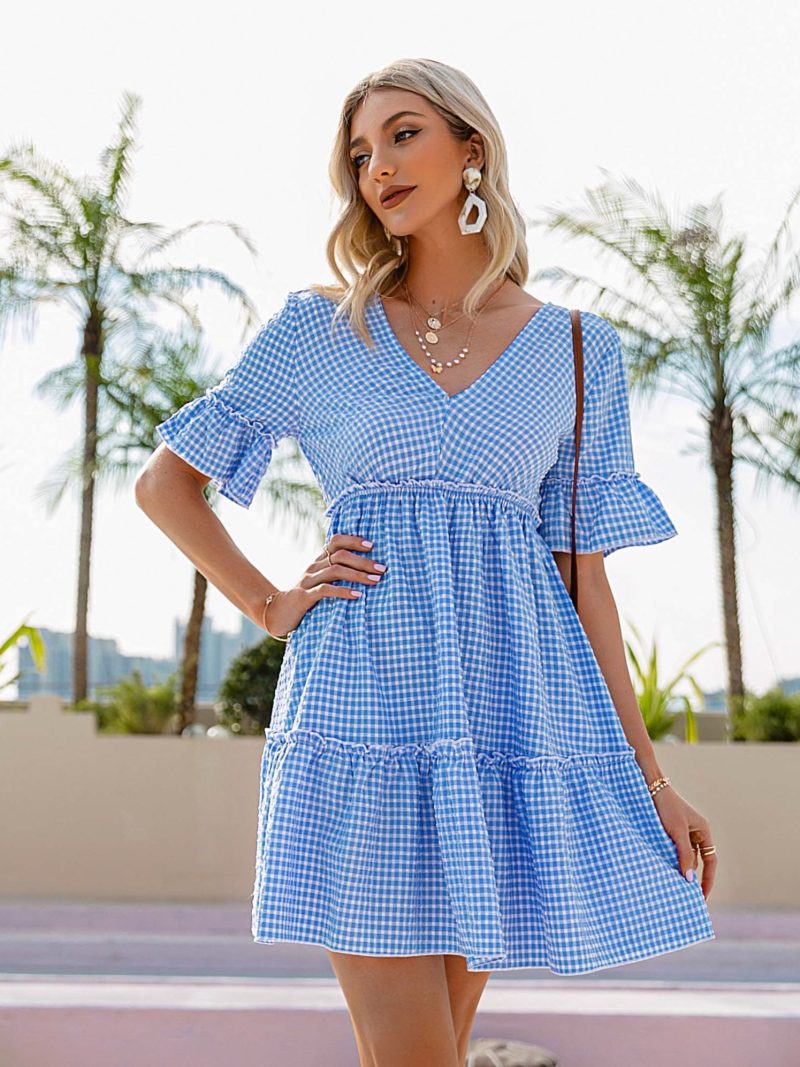 Women V-neck Ruffle Sleeves Blue Plaid Dress - Image 3