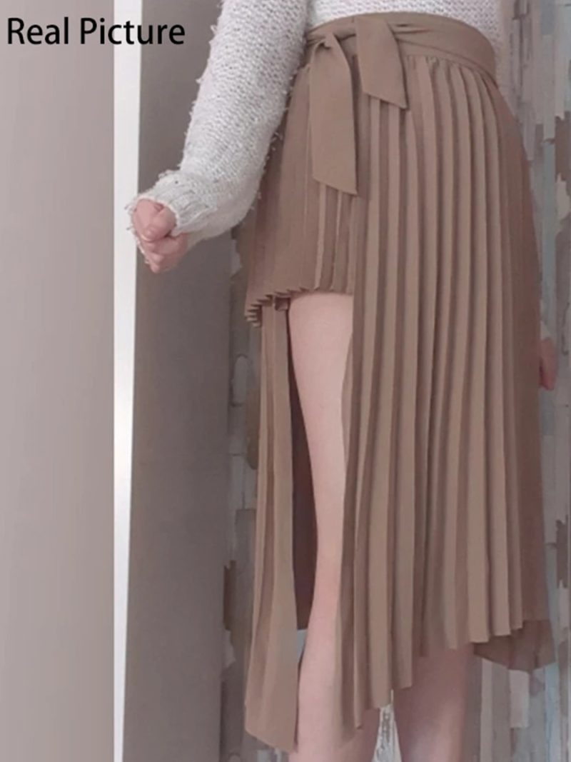 Women Irregular Sashes Mid Calf Pleated Skirt 2023 Spring Summer Outfits - Image 3