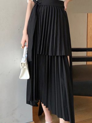 Women Irregular Sashes Mid Calf Pleated Skirt 2023 Spring Summer Outfits