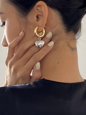 Statement Minimalist Gold Silver Color Mixed Solid Heart Pendant Hoop Earrings Street Style Korean Fashion Jewelry