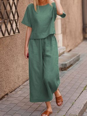 Women Summer Two Piece Sets Outfits Casual Linen Cotton O-Neck Tops