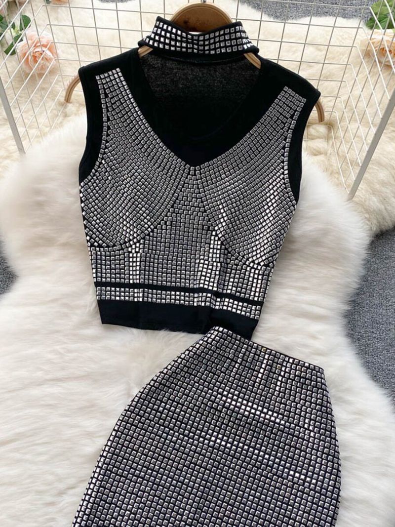 Women Sexy Sequins 2 Piece Set Elegant Halter Short Tops + Skirt 2023 Spring Summer Outfits - Image 3