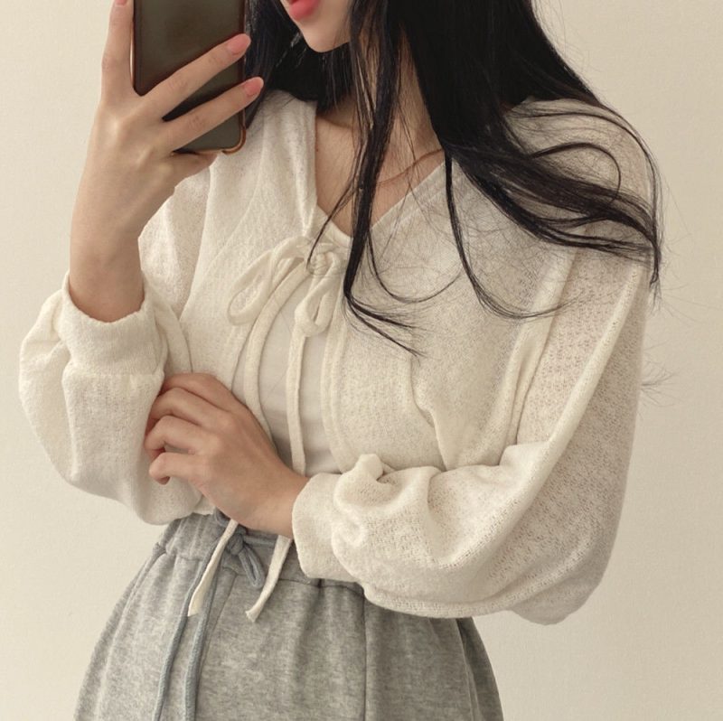 Women Thin White Cardigan Bandage Lantern Sleeve Short Coat Pull Femme Knitwear Top Girl Cardigan - Image 2