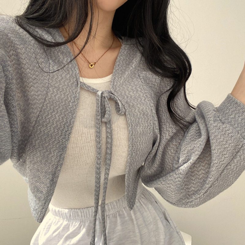 Women Thin White Cardigan Bandage Lantern Sleeve Short Coat Pull Femme Knitwear Top Girl Cardigan - Image 3