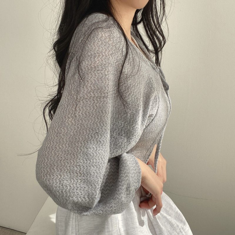Women Thin White Cardigan Bandage Lantern Sleeve Short Coat Pull Femme Knitwear Top Girl Cardigan - Image 4