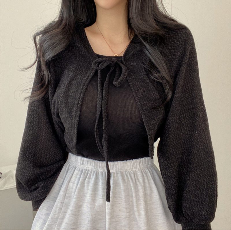 Women Thin White Cardigan Bandage Lantern Sleeve Short Coat Pull Femme Knitwear Top Girl Cardigan - Image 5