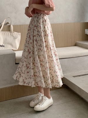 Vintage Floral Print A-line Pleated Long Skirts Summer Women