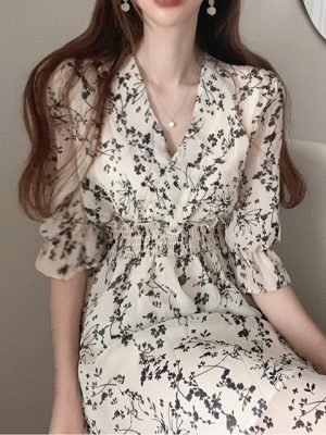 Women Vintage Korea Fashion Clothing Summer Slim Elastic Waist A Line V Neck Elegant Dress