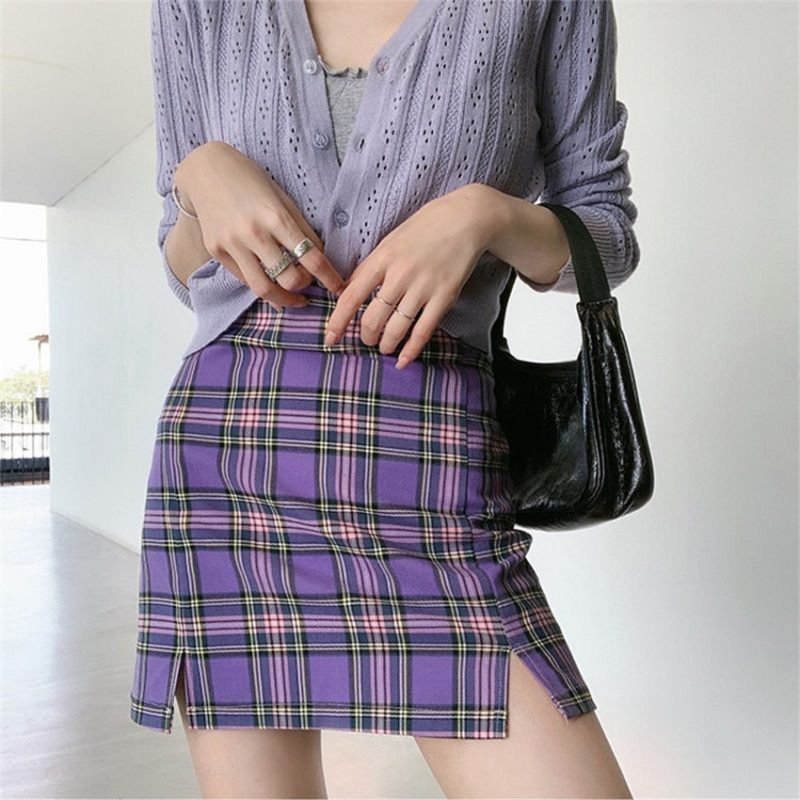 Women Vintage Plaid Side Split Bodycon Mini Skirt Summer Outfits - Image 6