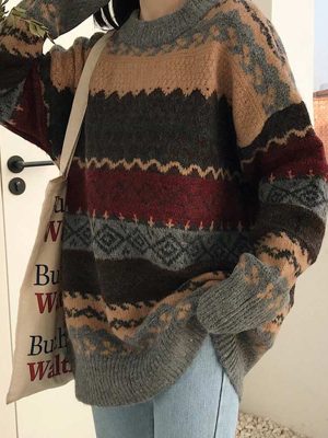 Women Vintage Sweaters Pullover Winter Striped Jumpers Korean Style