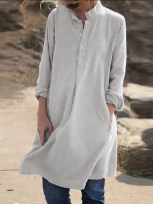 Women Cotton Linen Solid Casual Dress Autumn Long Sleeve Loose Dress Elegant