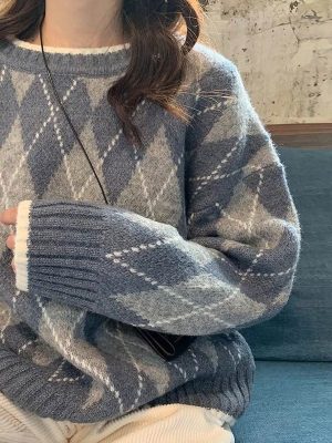 Women Knitted Sweater Fashion Oversized Pullovers Winter Argyle Loose Sweater Korean College