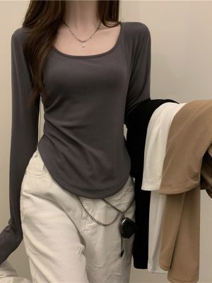 Women Long Sleeve Square Neck T-Shirt 2023 Autumn Fashion Outfits Trends