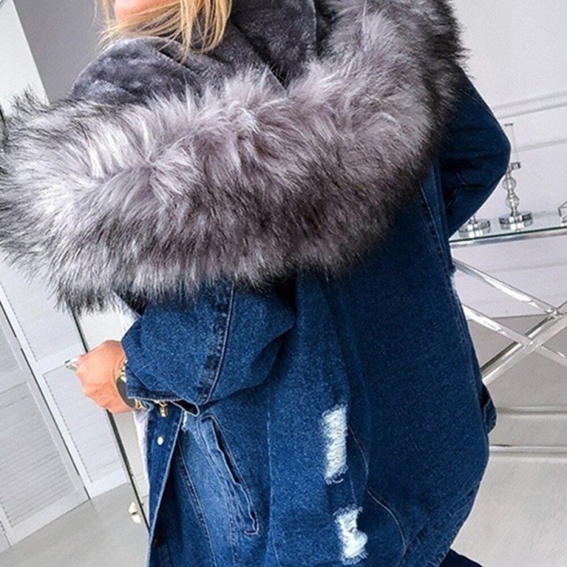 Women Warm Fluffy Collar Hooded Denim Jacket 2023 Winter Fashion Outfits Trends - Image 2