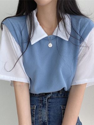 Women’s Loose Tees Top Fake Two Piece Suit 2023 Spring Summer Outfits