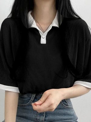 Women’s Lapel Pullover Loose Top Fake Two Piece