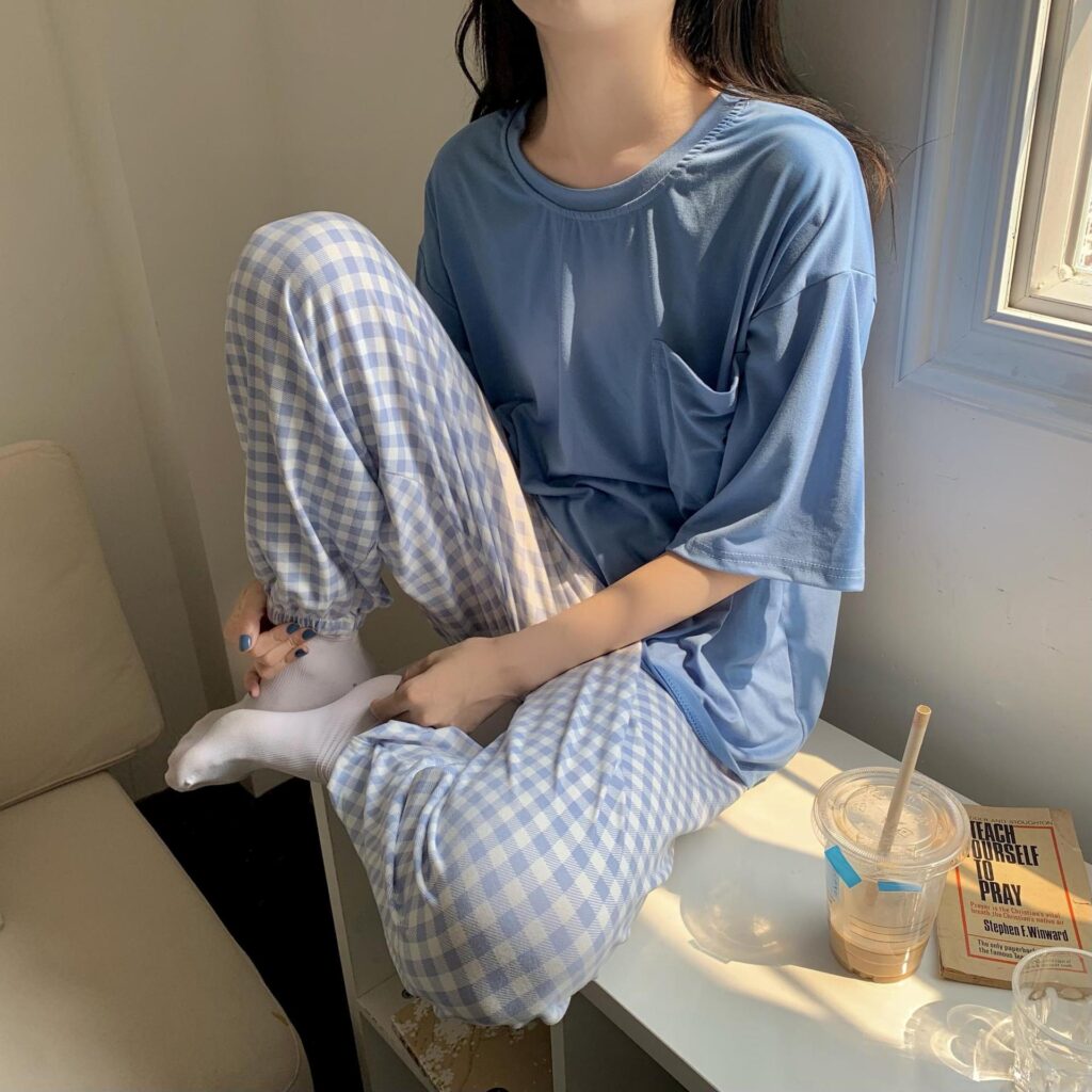 Women Lovely Plaid Sleeve Sleepwear Soft Pajamas 2023 Spring Fashion Outfits - Image 2