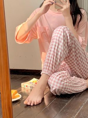 Women Lovely Plaid Sleeve Sleepwear Soft Pajamas 2023 Spring Fashion Outfits