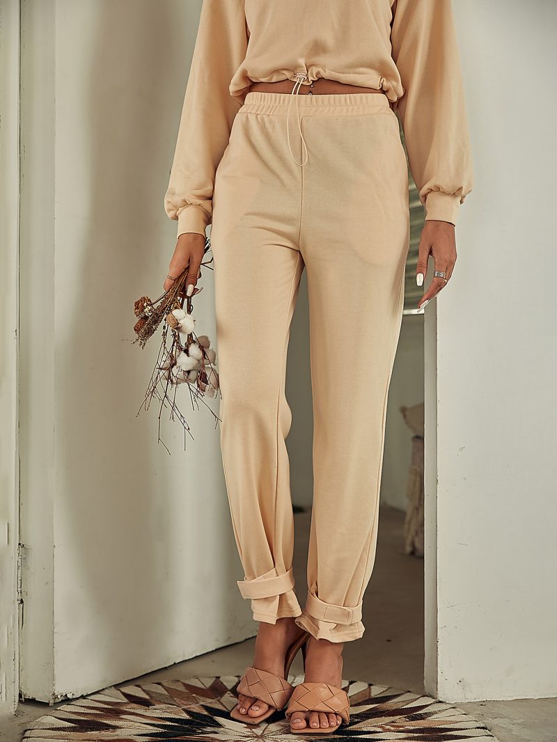 O Neck Long Sleeves Short Top Long Pants  Elastic Shoulder Pads Pocket Female Solid Loose - Image 3