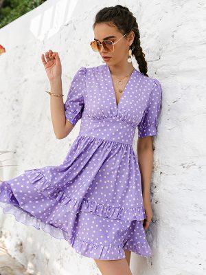 Purple v-neck polka-dot Short Dress Puff sleeve A-line High Waist Short Sleeve Dress Sexy Sweet Sashion Summer Dress