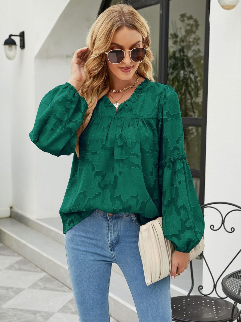 Autumn Women Clothing Floral Texture Lantern Sleeve Shirt V-neck Chiffon Top - Image 3