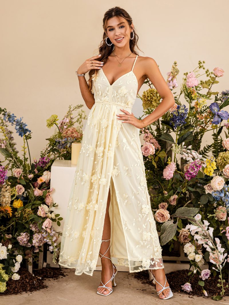 Women Simplee V Neck Elegant  Embroidery Lace Up Backless Sexy Party Dress  Spaghetti Straps Tulle Even Dresses - Image 3