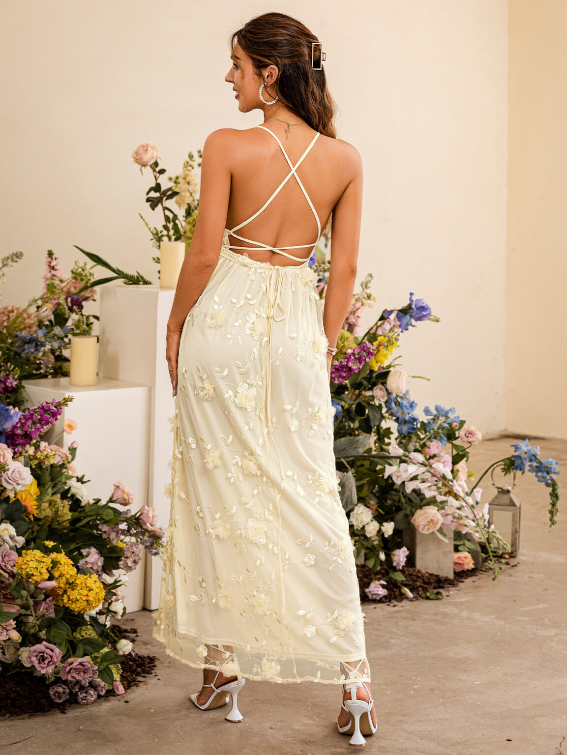 Women Simplee V Neck Elegant  Embroidery Lace Up Backless Sexy Party Dress  Spaghetti Straps Tulle Even Dresses - Image 4