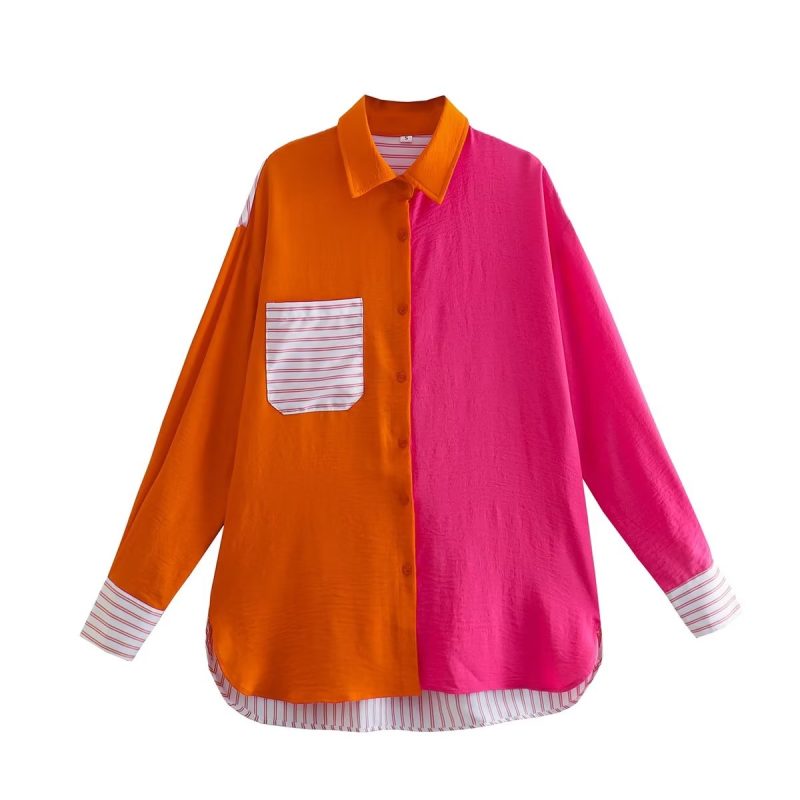 Spring Autumn Women Polo Collar Long Sleeve Contrast Color Single-Breasted Shirt for Women - Image 2