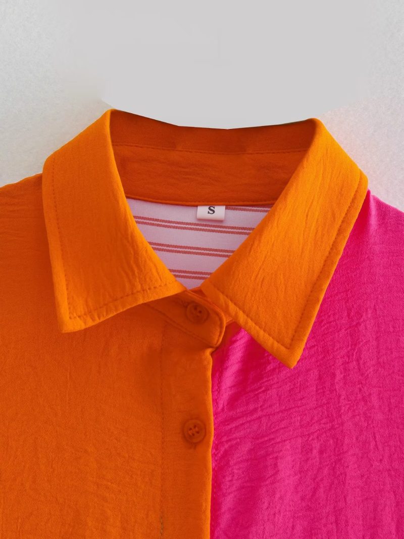 Spring Autumn Women Polo Collar Long Sleeve Contrast Color Single-Breasted Shirt for Women - Image 3