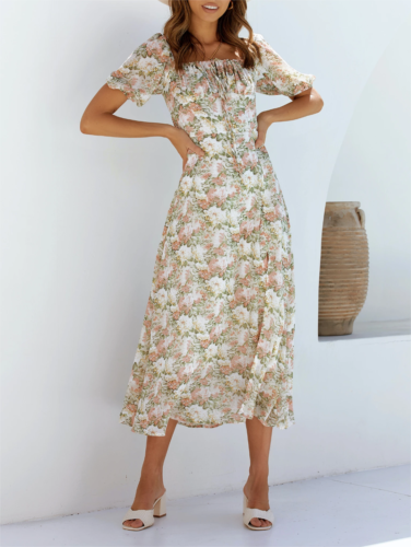 Summer Women Clothing Floral Floral Print Slit Loose Dress Large Swing
