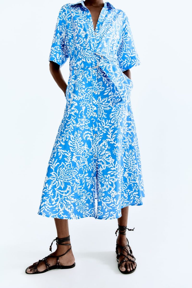 Women Clothing Summer Linen Blended Printed Shirt Dress
