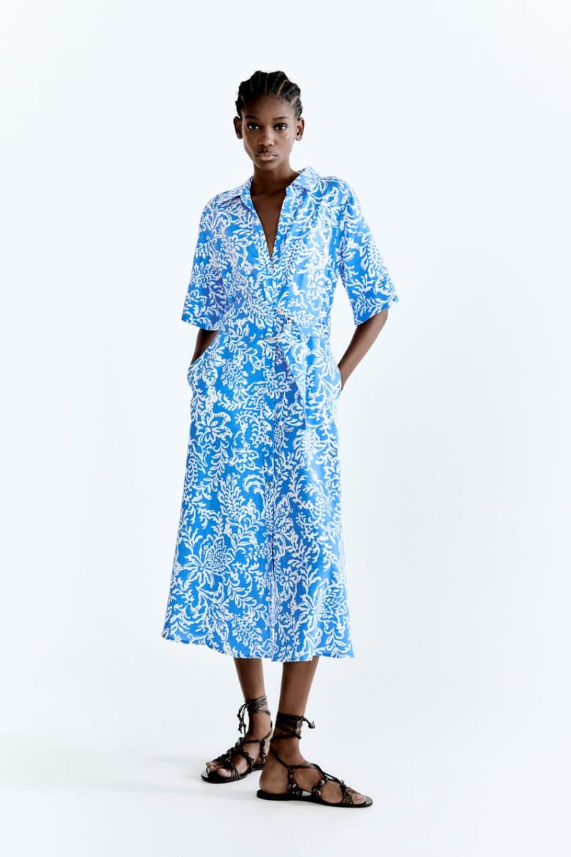 Women Clothing Summer Linen Blended Printed Shirt Dress - Image 2