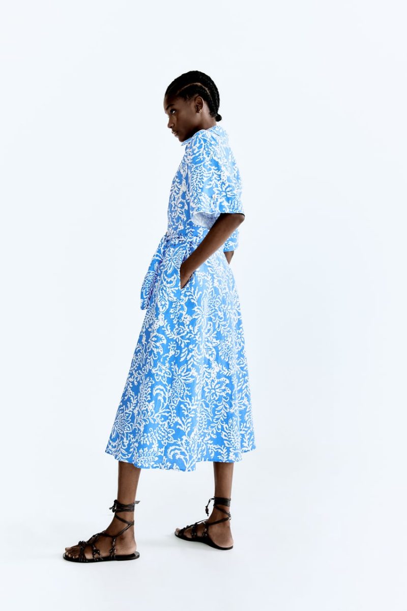 Women Clothing Summer Linen Blended Printed Shirt Dress - Image 3