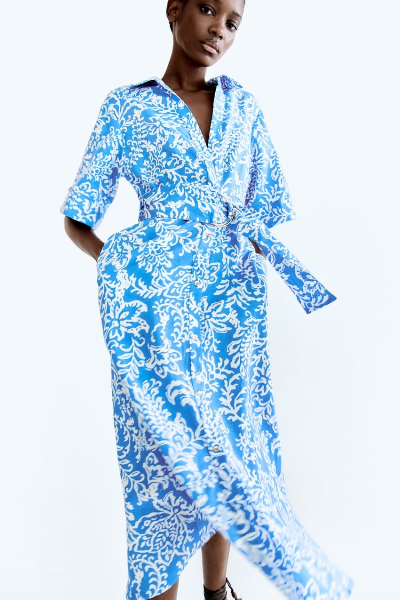 Women Clothing Summer Linen Blended Printed Shirt Dress - Image 4