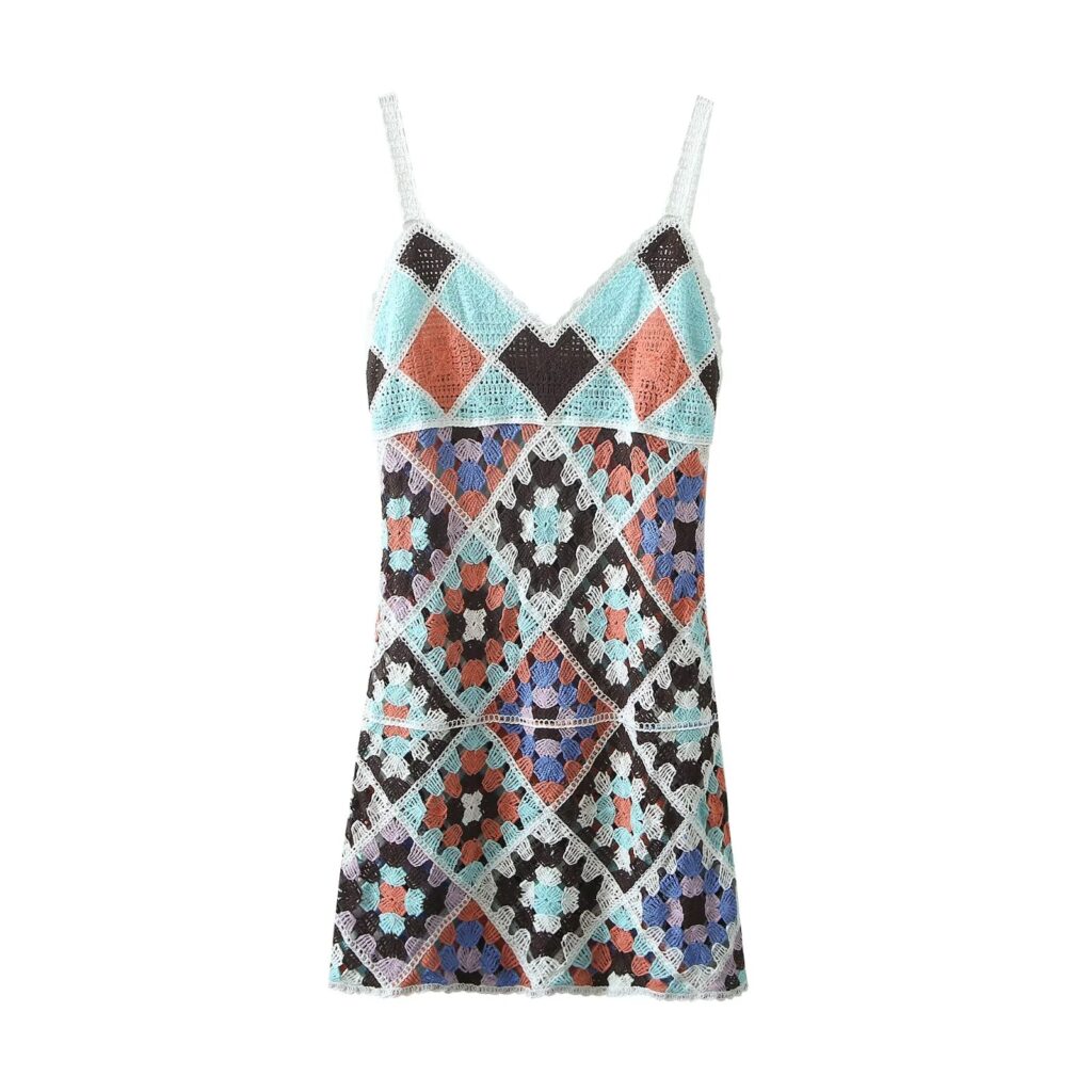 Summer Refreshing Seaside Holiday Knitted Crocheted Colorful Floral Suspender  V-neck Sexy