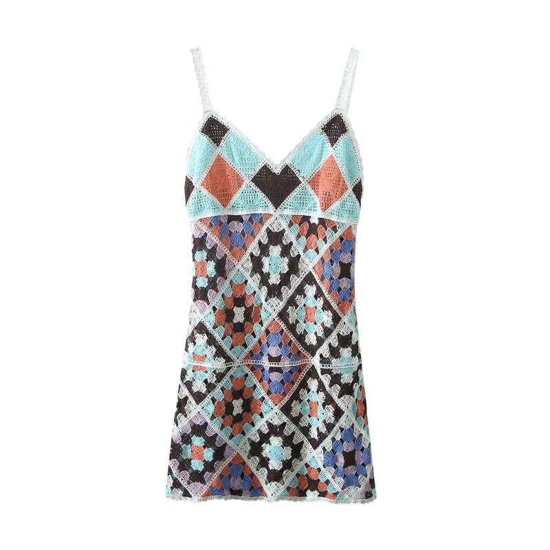 Summer Refreshing Seaside Holiday Knitted Crocheted Colorful Floral Suspender  V-neck Sexy