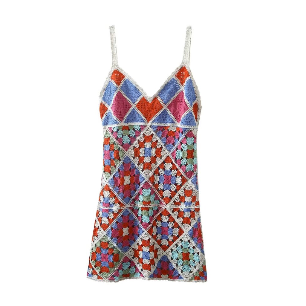 Summer Refreshing Seaside Holiday Knitted Crocheted Colorful Floral Suspender  V-neck Sexy - Image 2