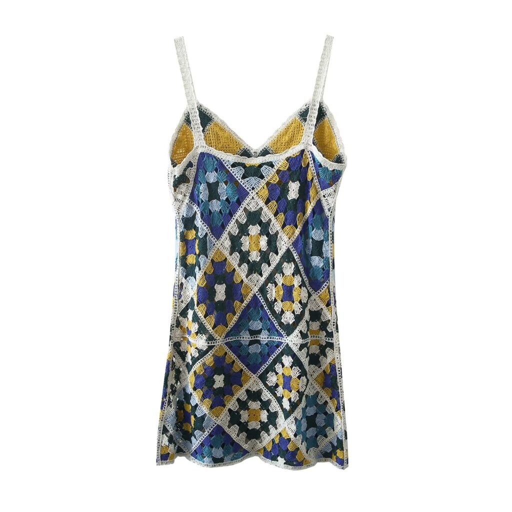 Summer Refreshing Seaside Holiday Knitted Crocheted Colorful Floral Suspender  V-neck Sexy - Image 3