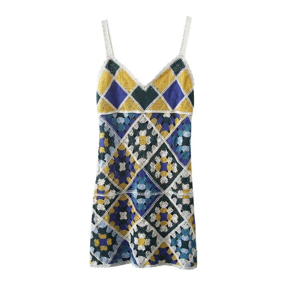 Summer Refreshing Seaside Holiday Knitted Crocheted Colorful Floral Suspender  V-neck Sexy - Image 4