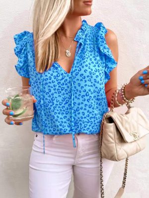 Women Summer V neck Leopard Print Printed Short Sleeve T shirt Vest