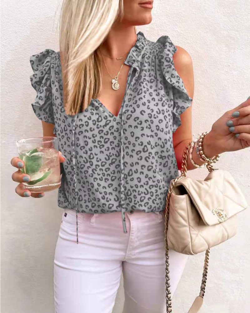 Women Summer V neck Leopard Print Printed Short Sleeve T shirt Vest - Image 2