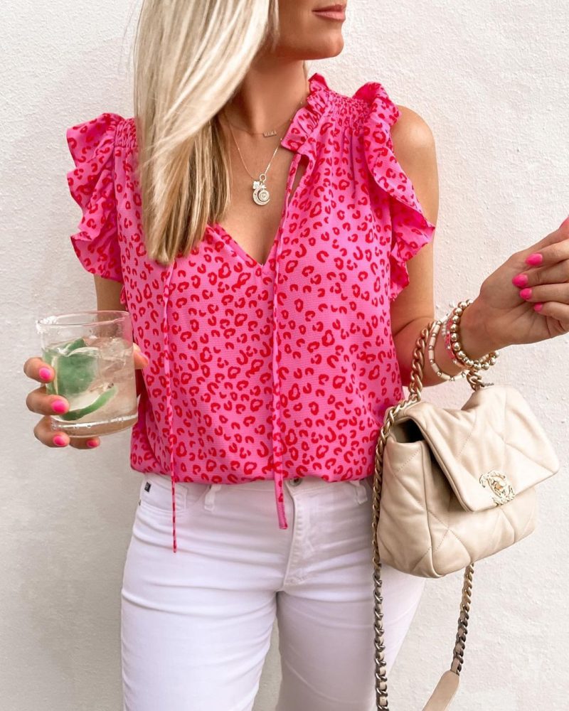 Women Summer V neck Leopard Print Printed Short Sleeve T shirt Vest - Image 3