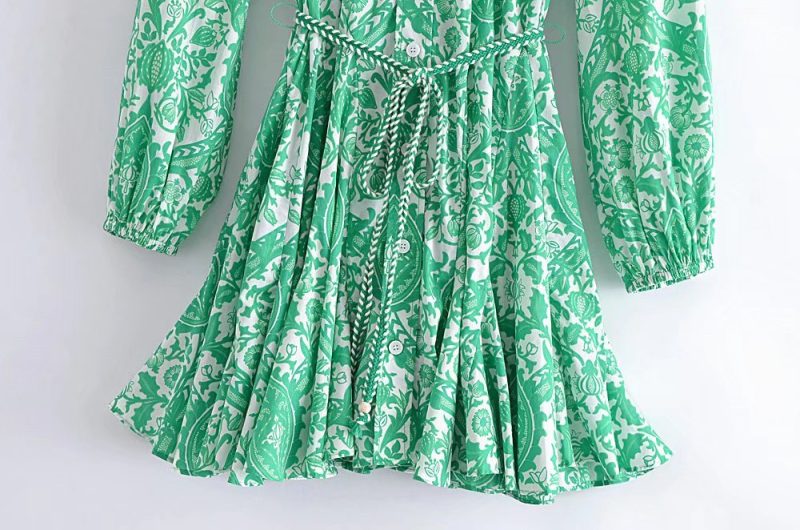 Spring Women Clothing Floral Print Mini Lace-up Loose Dress - Image 4