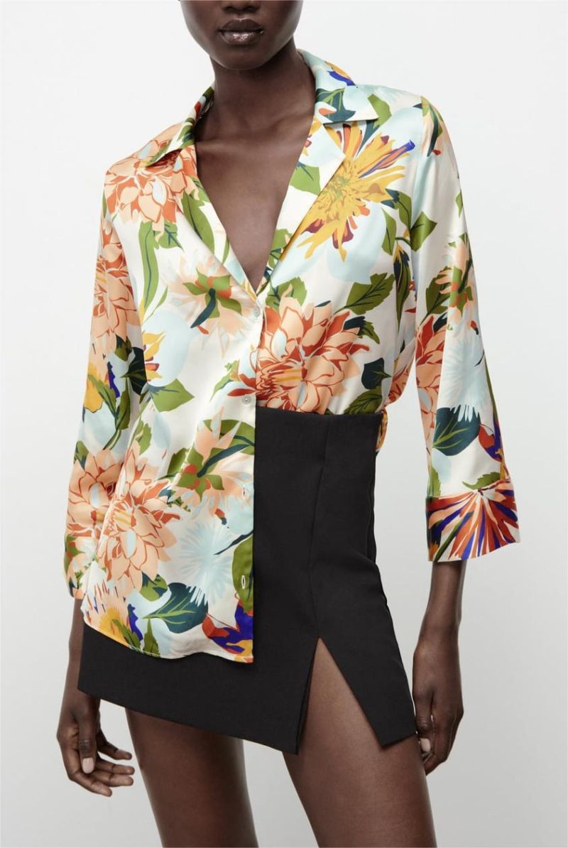 Summer Women Collared Floral Print Wide Sleeve Single-Breasted Shirt Top