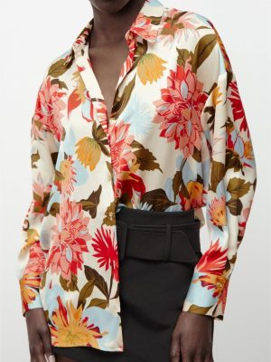 Summer Women Clothing Collared Floral Print Satin Long Sleeve Shirt Top