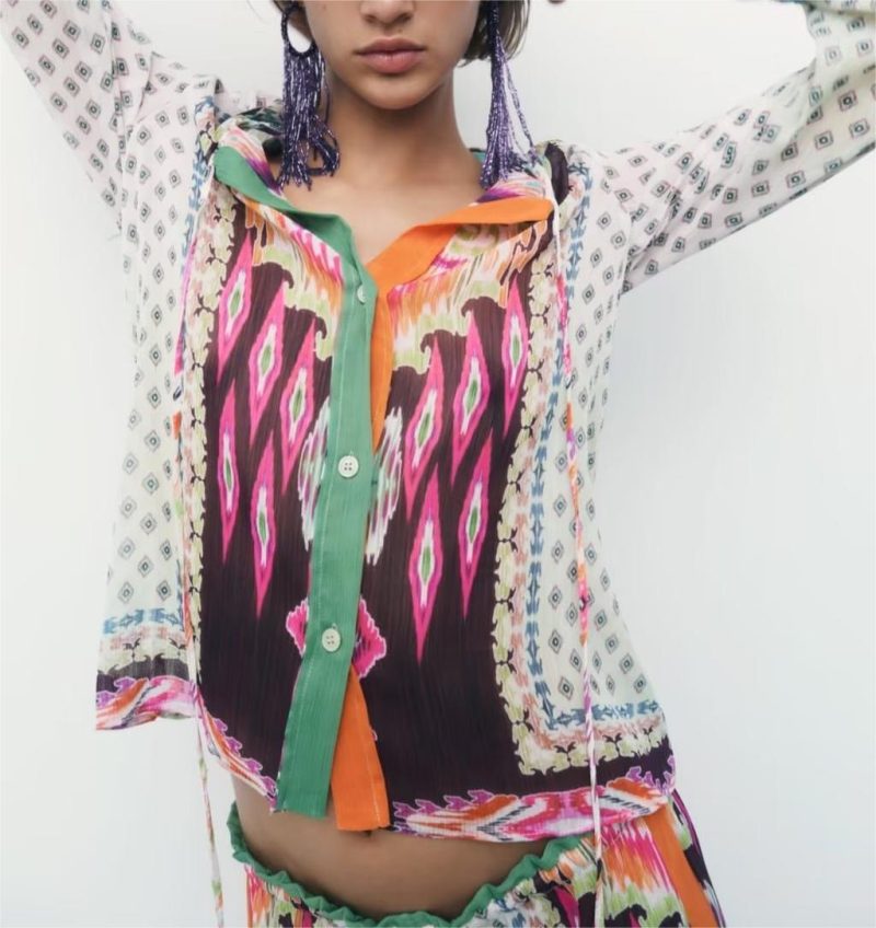 Autumn Retro Crew Neck Lace-up Feather Printing Loose Shirt Women